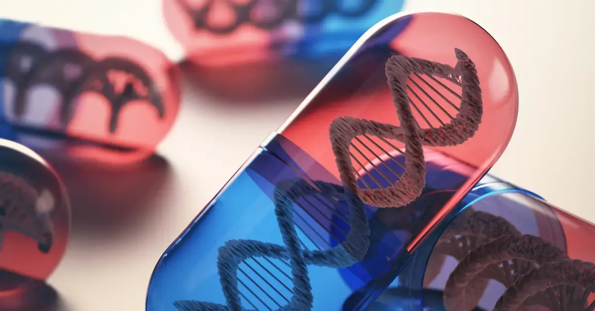 Rote und blaue Kapseln mit DNA-Doppelhelix-Strukturen als Symbol für therapiebegleitende Diagnostika (CDx) und Regulierungen in der personalisierten Medizin.