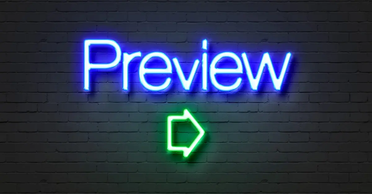 Blau leuchtende Leuchtreklame mit dem Wort Preview und grünem Neon-Pfeil auf einer dunklen Backsteinwand als Ausblick für Regulatory Affairs.