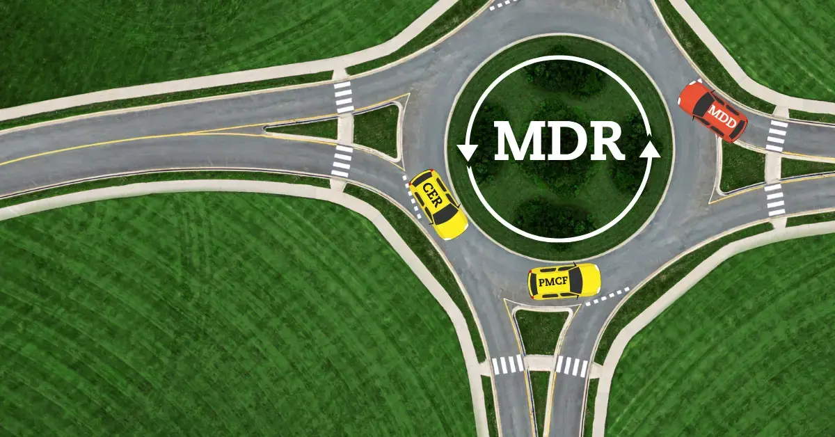 MDR-Kreisverkehr mit CER-, PMCF- und MDD-Elementen zur Veranschaulichung der Anforderungen der EU-Medizinprodukteverordnung und des MDR-Übergangsprozesses.