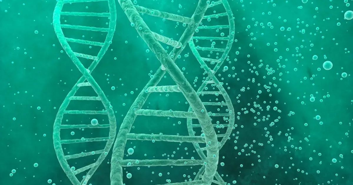 Darstellung von DNA-Doppelhelixen und Nanostrukturen zur Veranschaulichung von Nanomaterialien, Biokompatibilität, Risikomanagement und regulatorischen Anforderungen für Medizinprodukte.